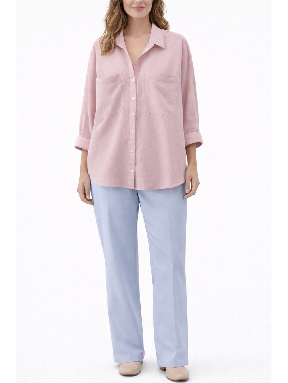 Magaschoni 100% Linen Shirt L Pink Loose Fit Button Up